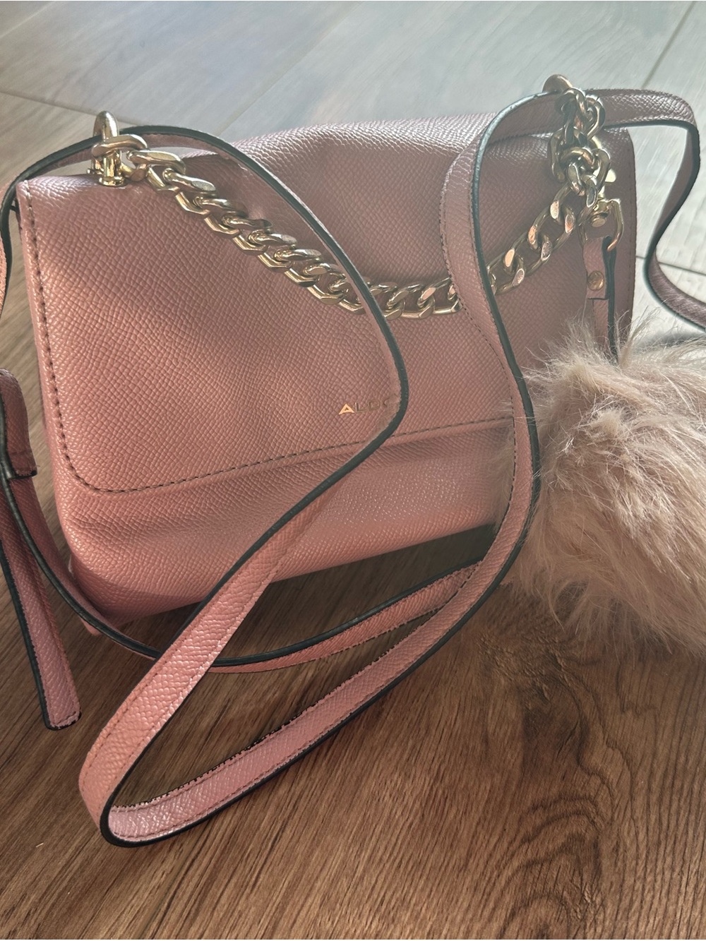 ALDO Pink Crossbody Bag Gold Chain Faux Fur Pom Pom